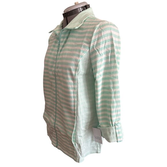 Womens Mint Green & White Striped Zip-Up Jacket With Foldable 3/4 Sleeves Size M - Picture 2 of 6
